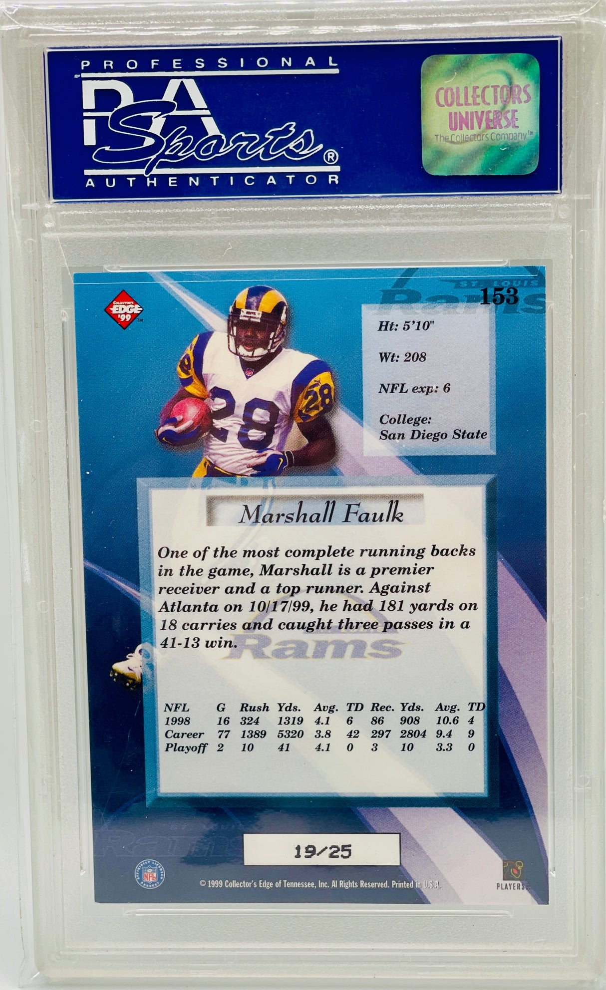 Marshall Faulk 1999 Collector's Edge Masters Hologold /25 PSA 9