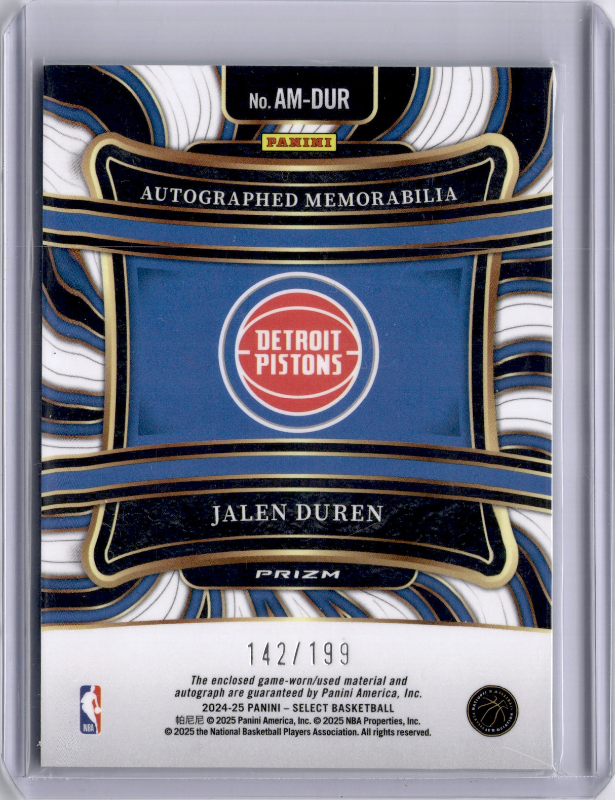 Jalen Duren 2022-23 Panini Select Silver Prizm Auto /199 Game Used Patch