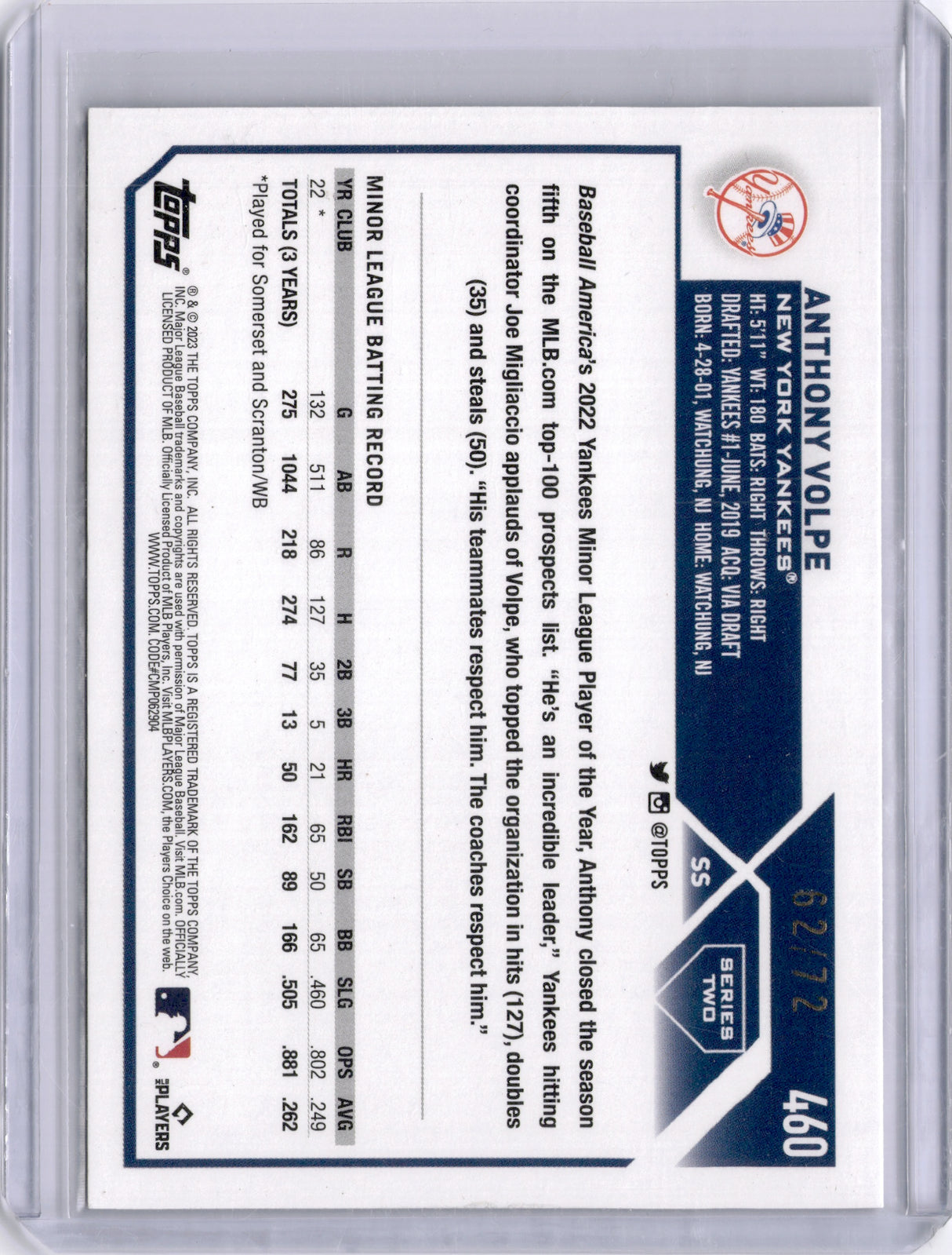 Anthony Volpe 2023 Topps Series Two Black Parallel Rookie RC /72 Yankees