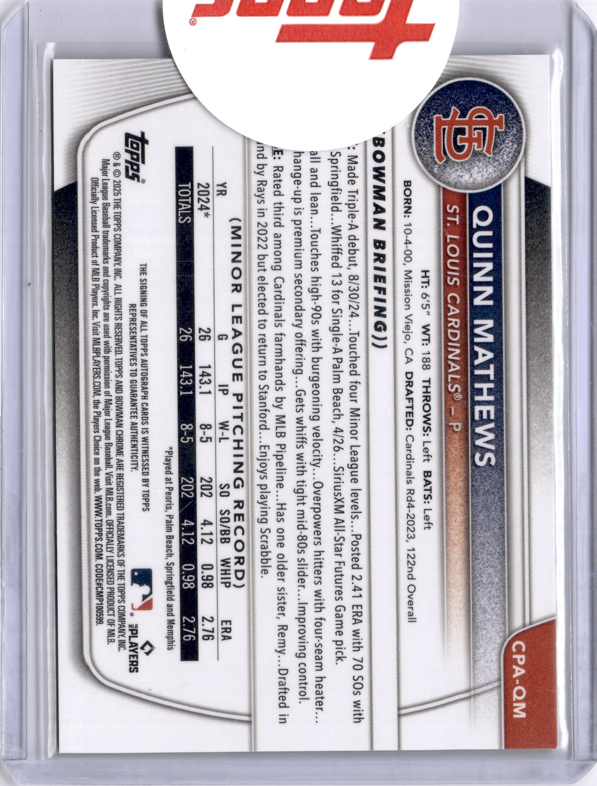 Quinn Mathews 2025 Bowman Chrome Yellow Auto /75 Cardinals