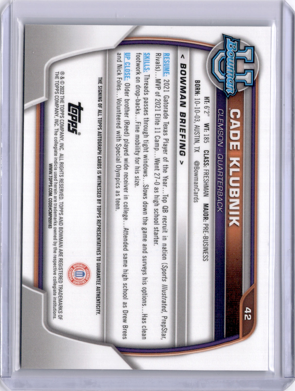 Cade Klubnik 2022 Bowman Chrome University 1st Auto Clemson Tigers