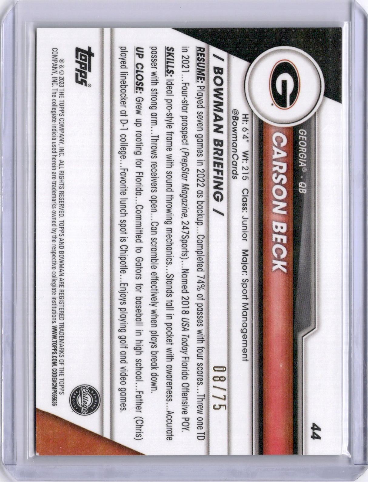 Carson Beck 2023 Bowman U Chrome 1st Yellow /75 Georgia Miami