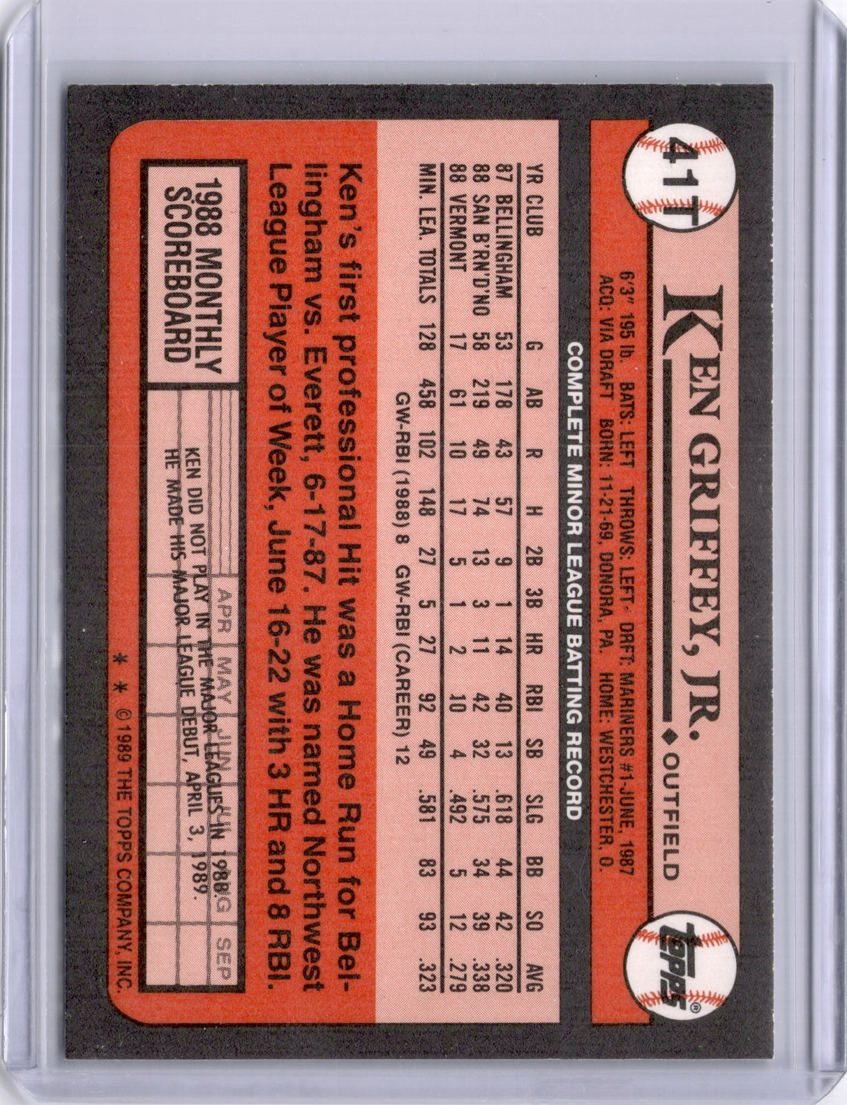 Ken Griffey Jr 1989 Topps Traded Rookie RC Mariners HOF