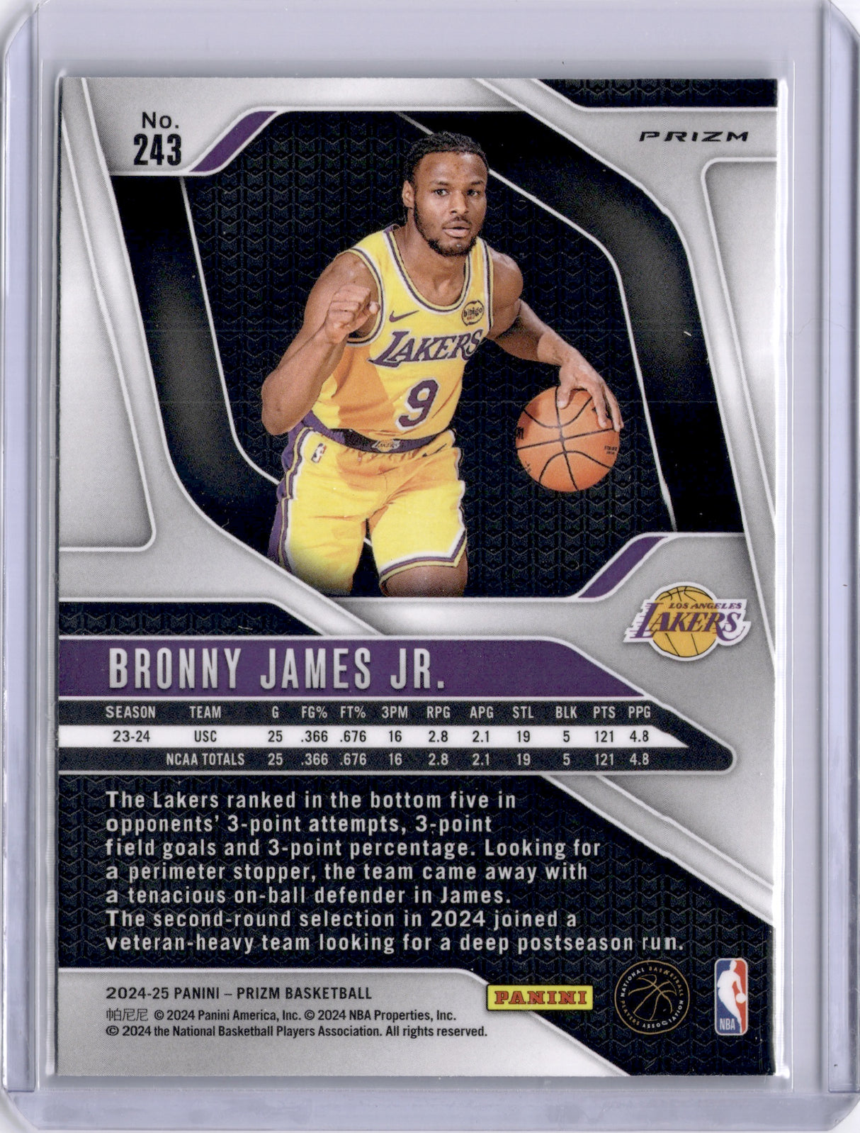 Bronny James Jr 2024 Panini Silver Prizm Rookie RC Lakers