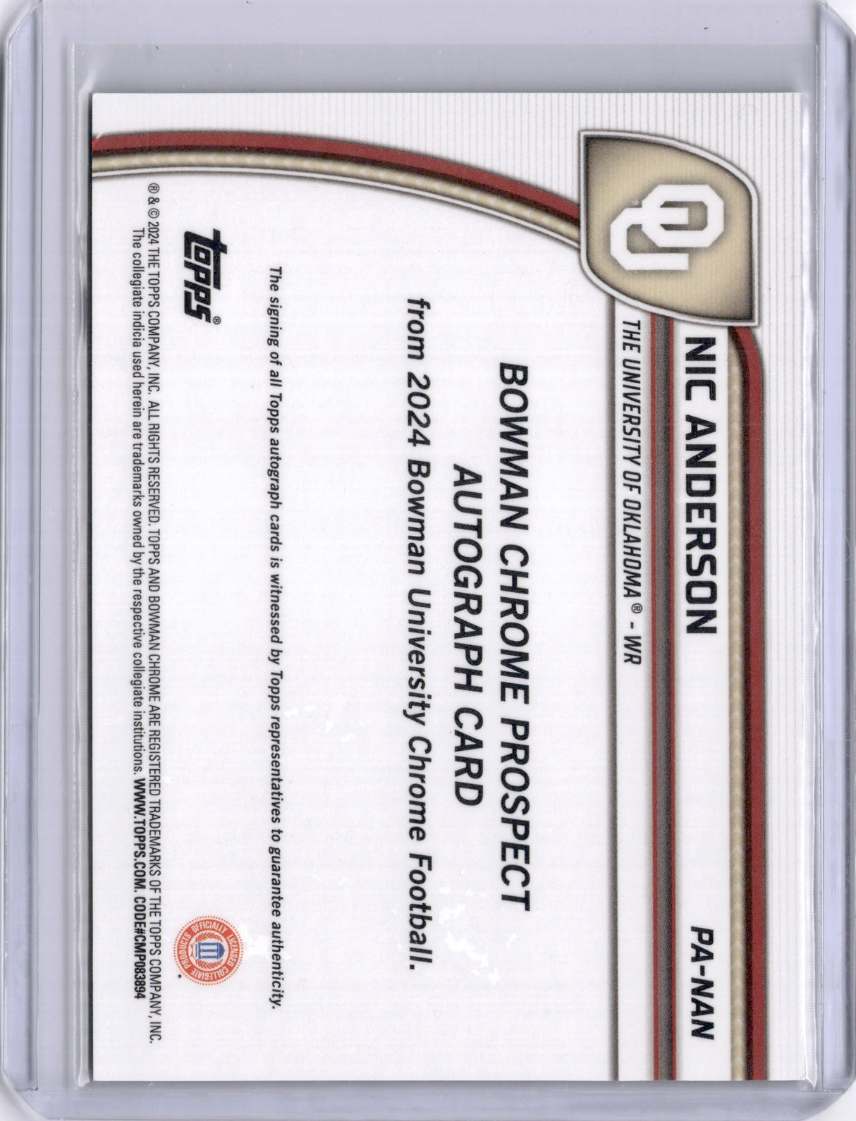 Nic Anderson 2024 Bowman Chrome University 1st Black Auto /10 LSU Sooners