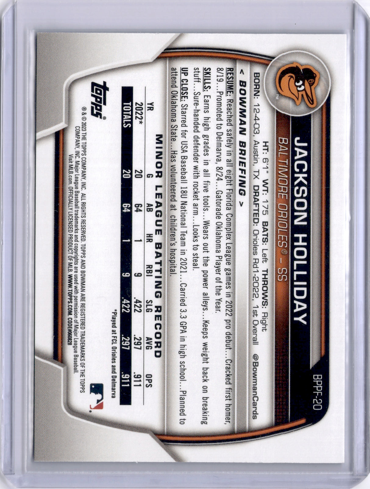 Jackson Holliday 2023 Bowman 1st Edition Blue Paper /150 Orioles