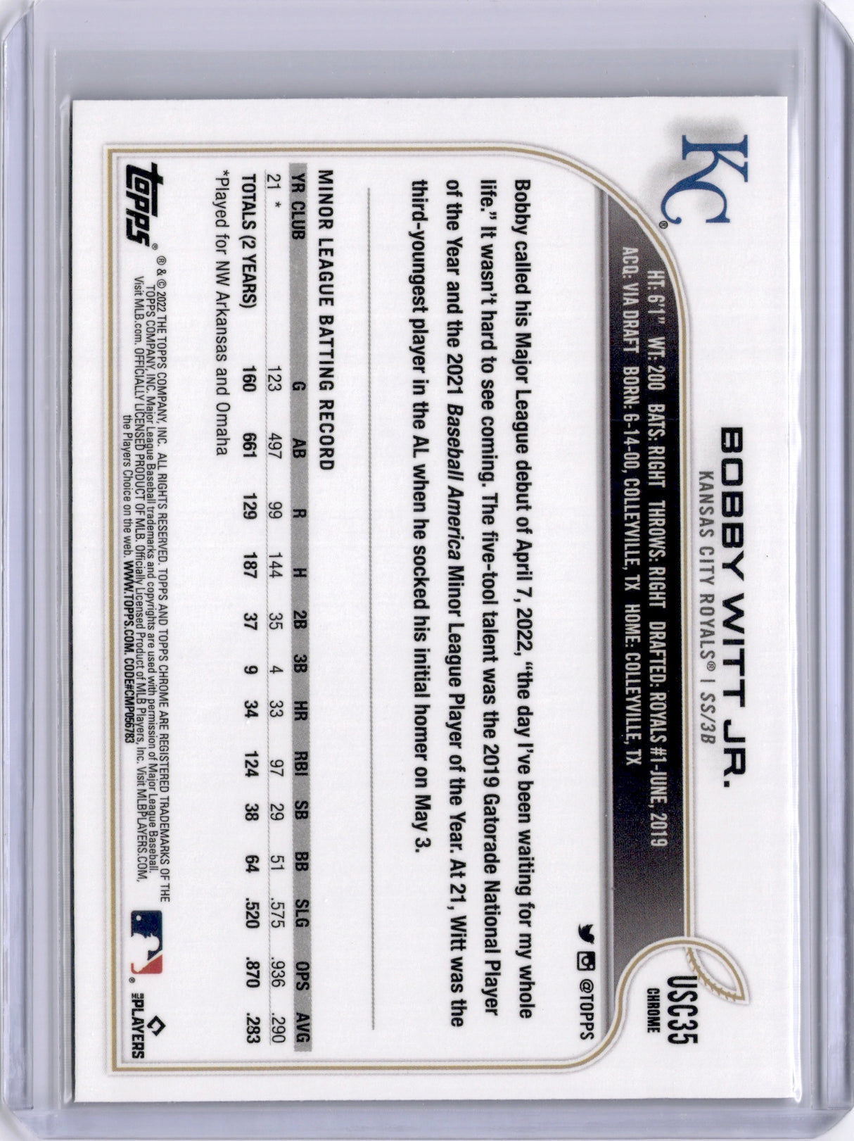Bobby Witt Jr. 2022 Topps Chrome Purple Refractor Rookie RC Royals