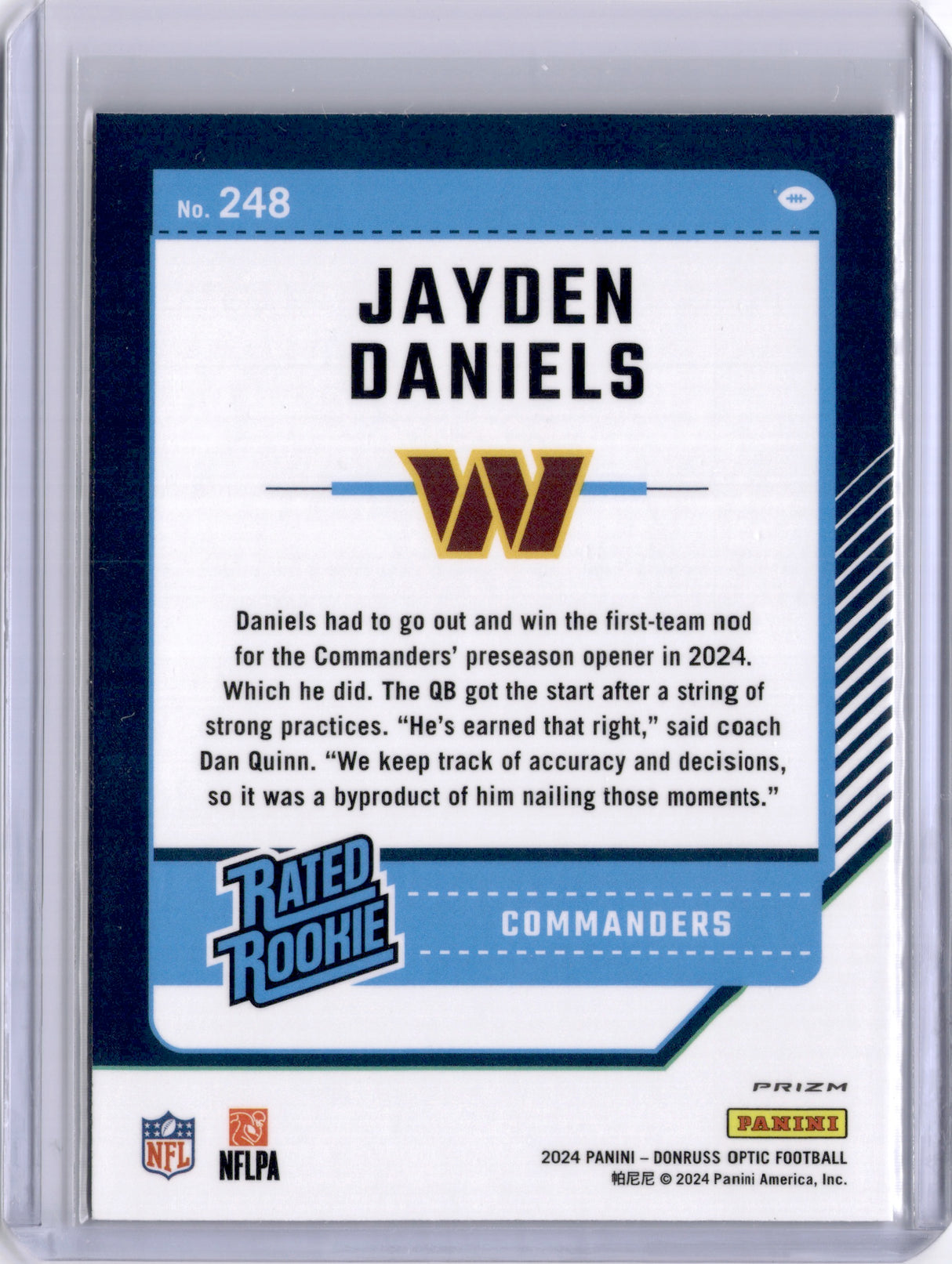 Jayden Daniels 2024 Panini Donruss Optic Holo Rated Rookie Prizm RC Commanders