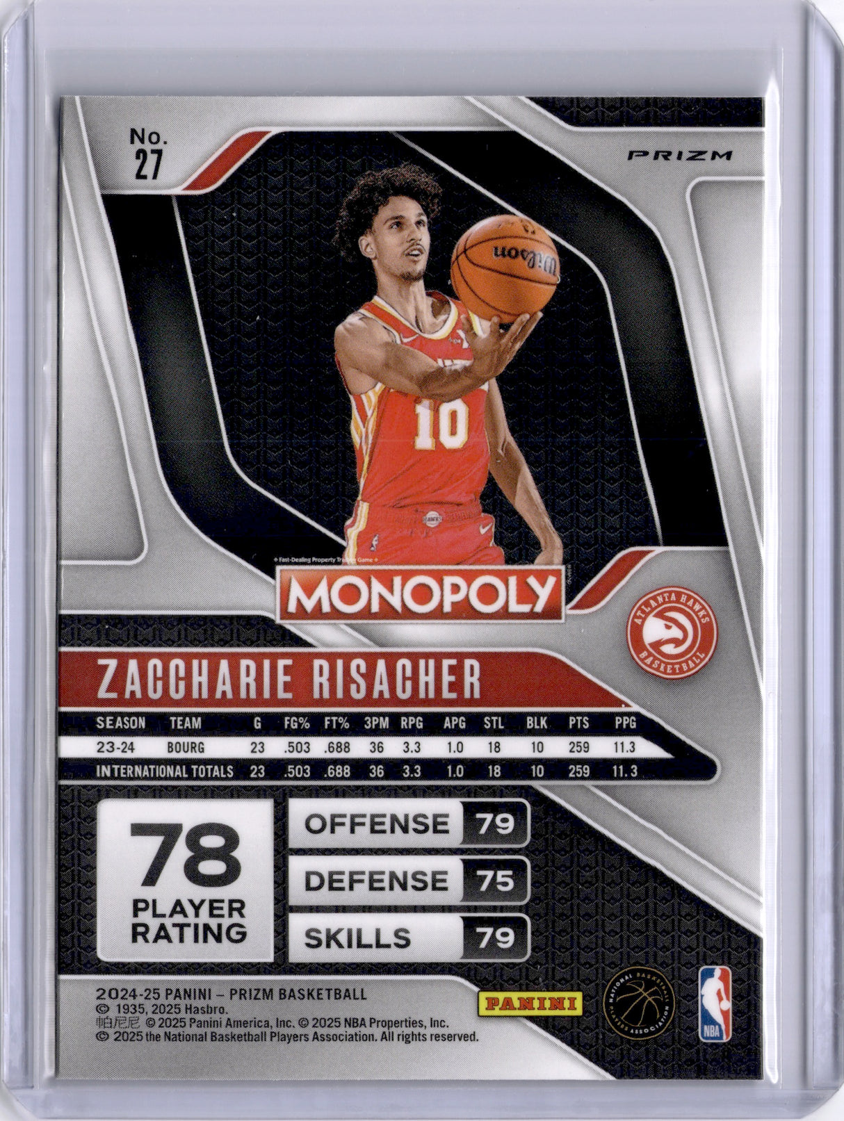 Zaccharie Risacher 2024-25 Panini Prizm Monopoly Free Parking Rookie RC Hawks