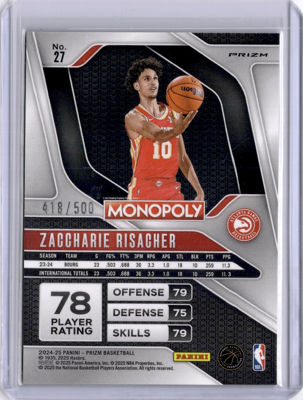 Zaccharie Risacher 2025 Panini Prizm Monopoly Gold Shimmer Rookie RC /500 Hawks
