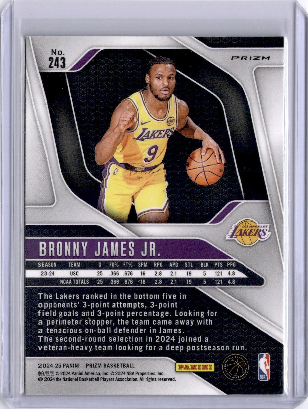 Bronny James Jr. 2024 Panini Prizm Silver Rookie RC Lakers