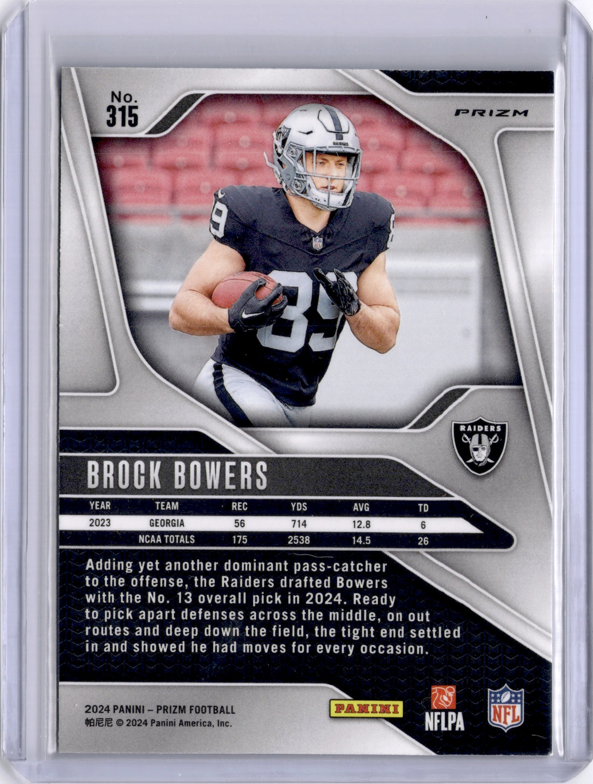 Brock Bowers 2024 Panini Prizm Silver Rookie RC Raiders