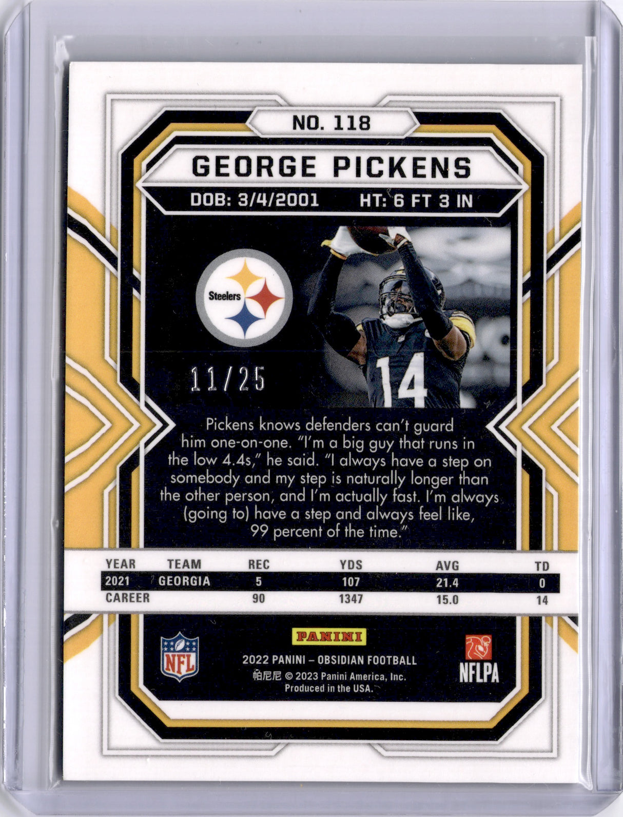 George Pickens 2023 Obsidian Electric Etch Yellow Rookie RC Steelers Cowboys