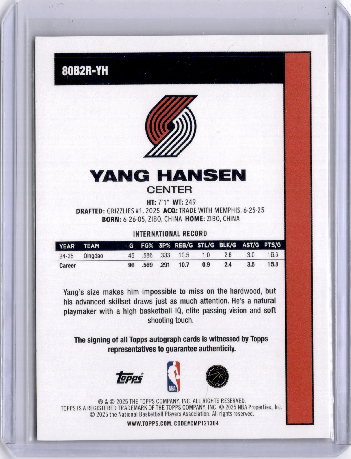 Yang Hansen 2025-26 Topps 01/25 Orange Rookie RC On Card Auto 45th Anniversary