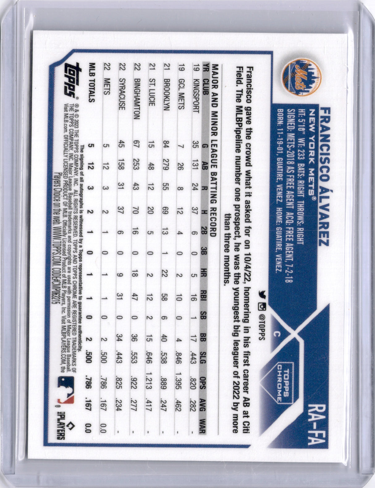 Francisco Alvarez 2023 Topps Chrome Rookie RC On Card Auto Mets