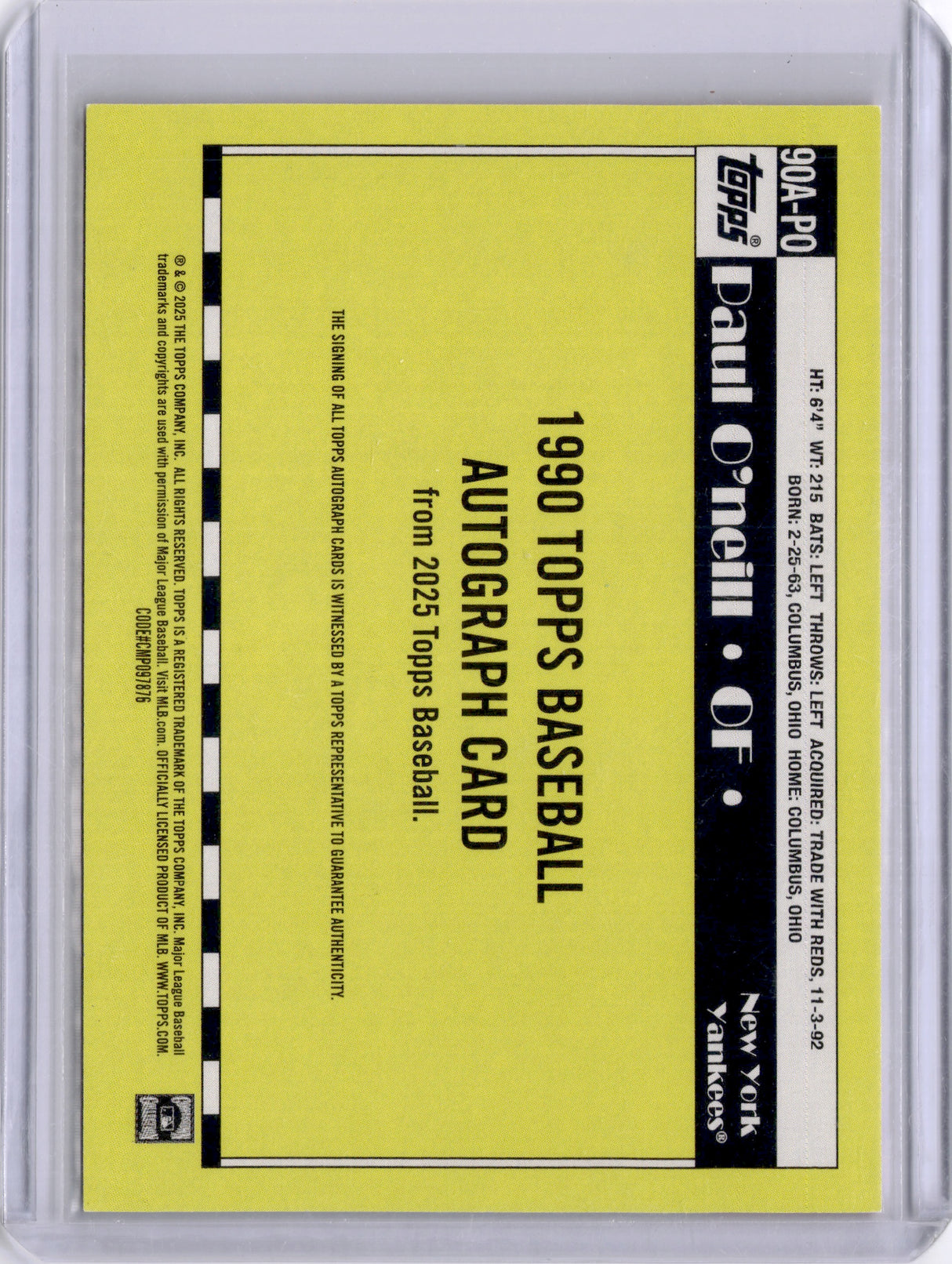 Paul O'Neill 2025 Topps Series 1 1990 35th Anniversary On Card Auto Yankees