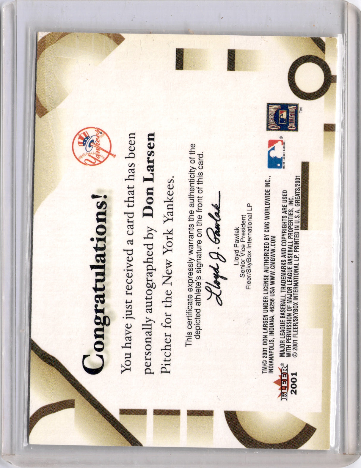 Don Larsen 2001 Fleer Greats of the Game On Card Autograph NY Yankees HOF Auto