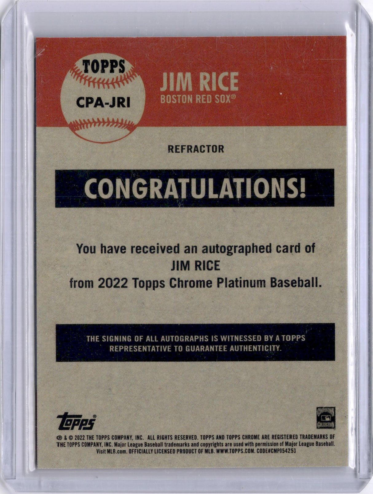 Jim Rice 2022 Topps Chrome Platinum Anniversary On Card Auto Red Sox HOF