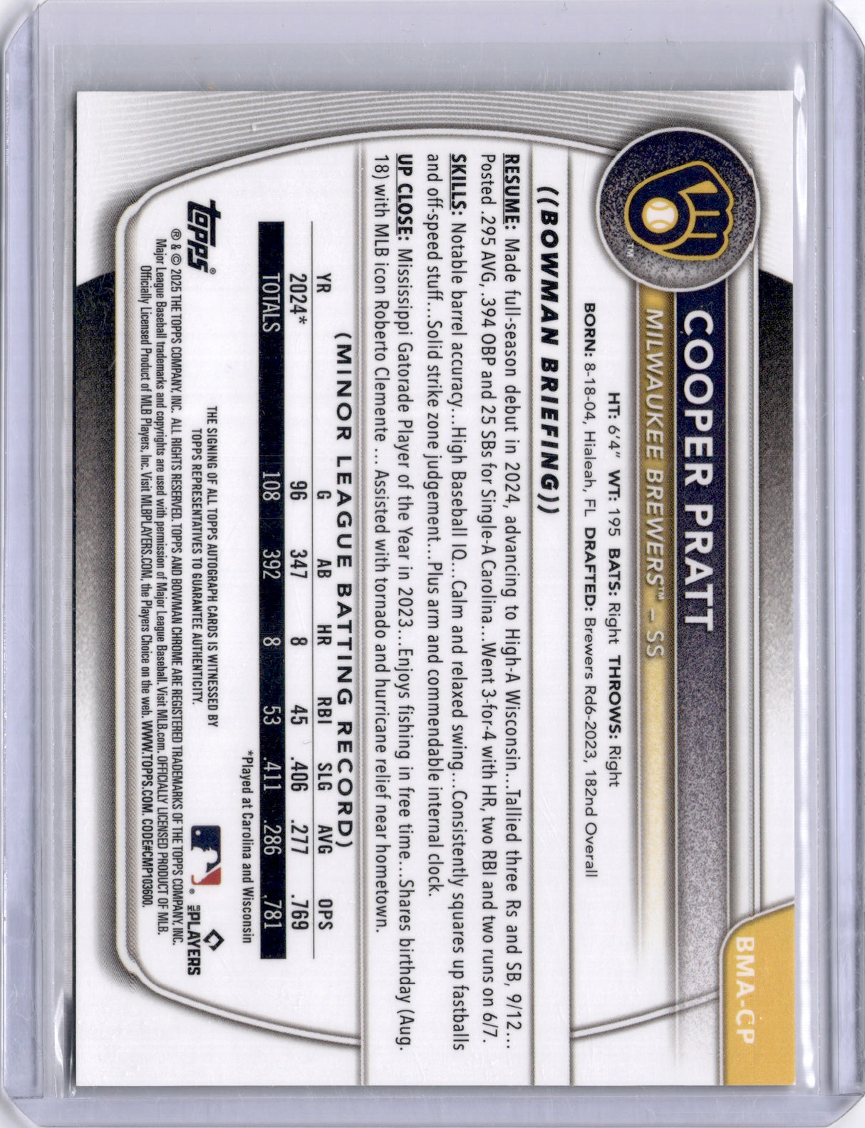 Cooper Pratt 2025 Bowman Chrome Gold Mojo Mega /50 Auto Brewers