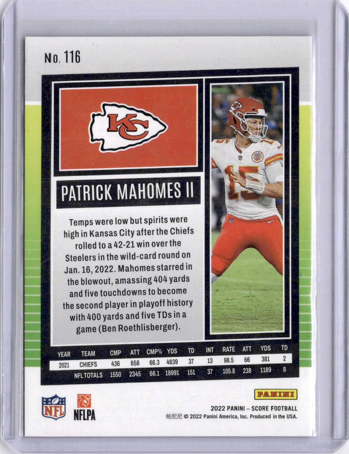 Patrick Mahomes II 2022 Panini Score Purple Ice /299 Chiefs MVP