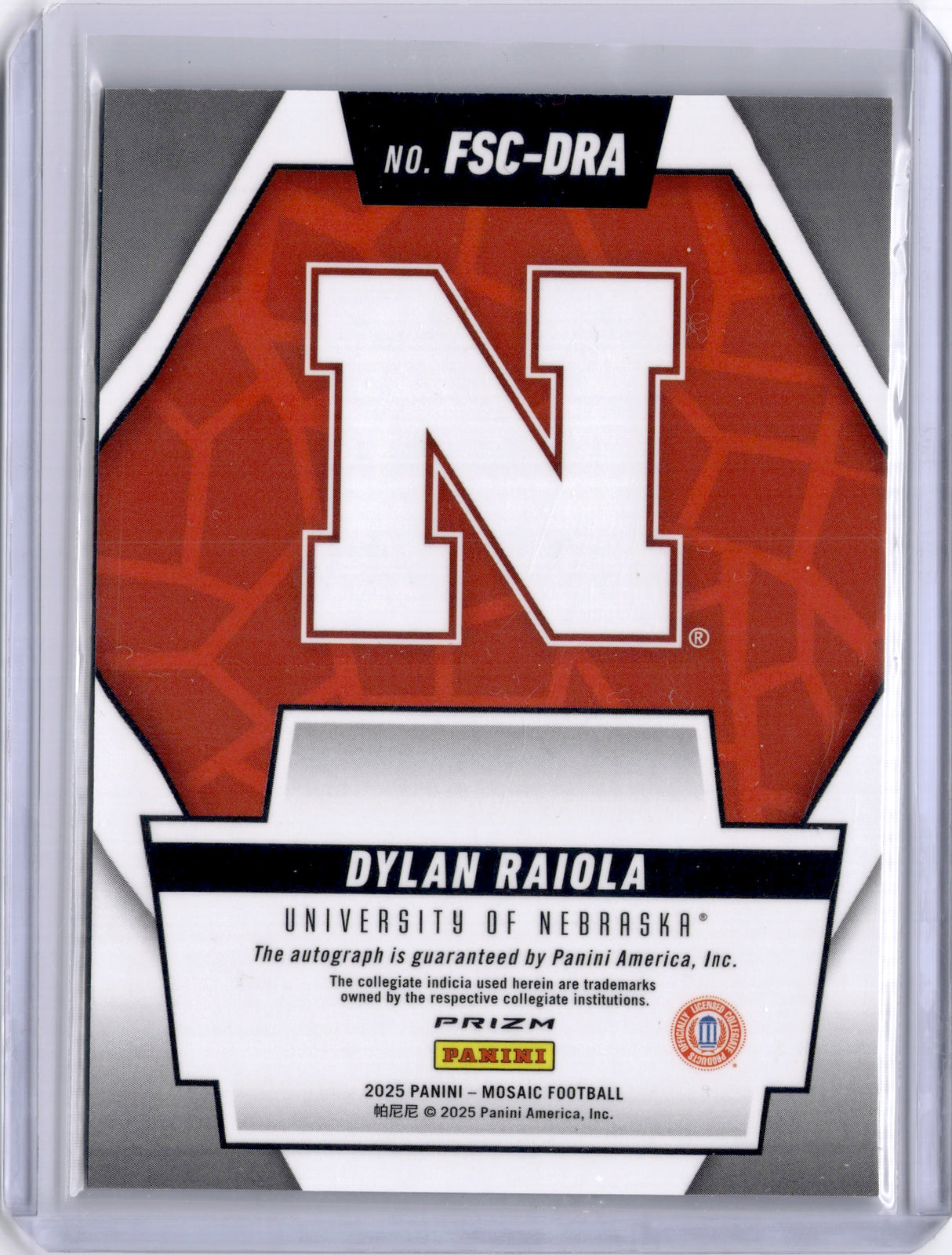 Dylan Raiola 2025 Panini Mosaic Future Scripts NIL Auto Cornhuskers