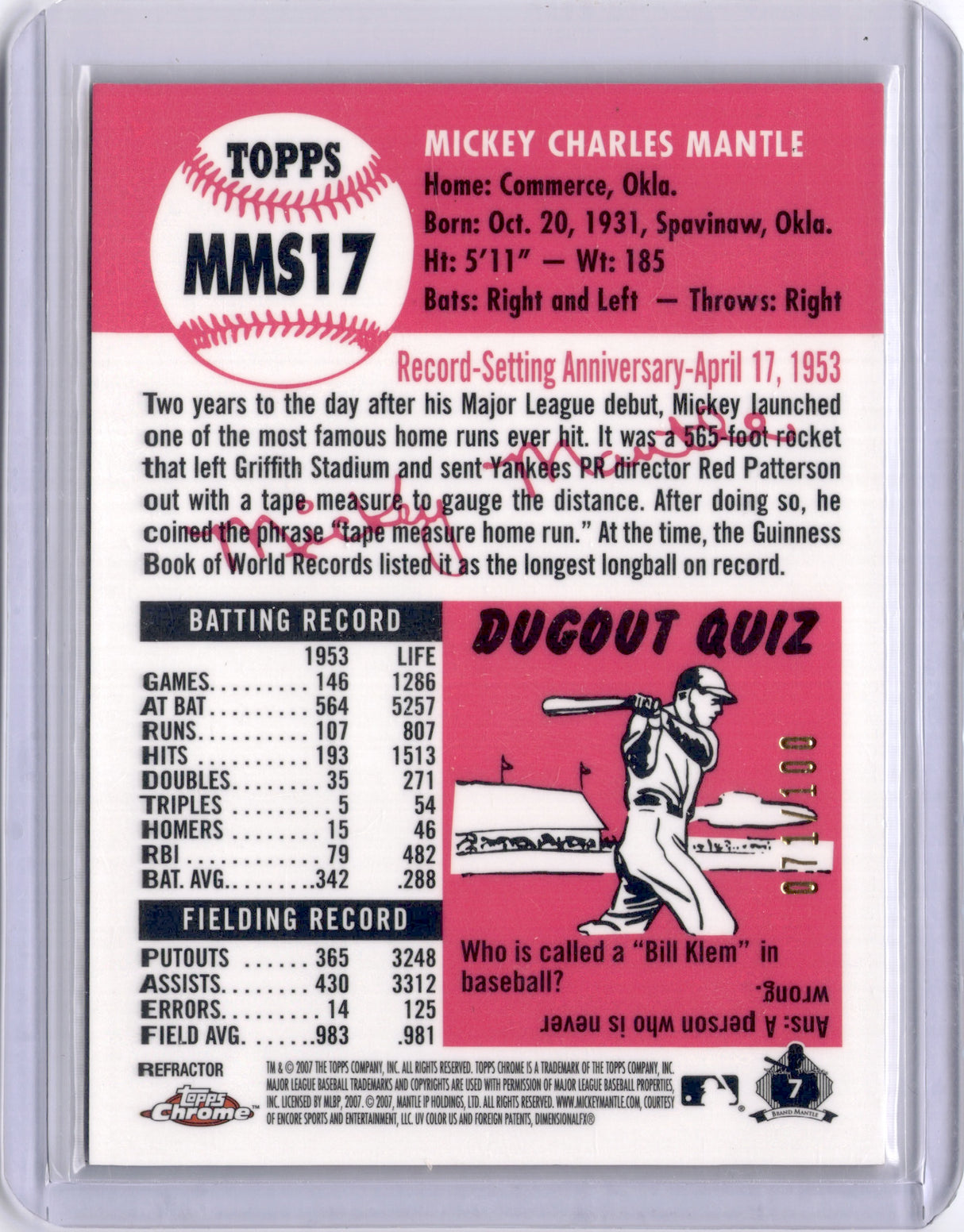 Mickey Mantle 2007 Topps Chrome Mickey Mantle Story Blue Refractor /100 Yankees