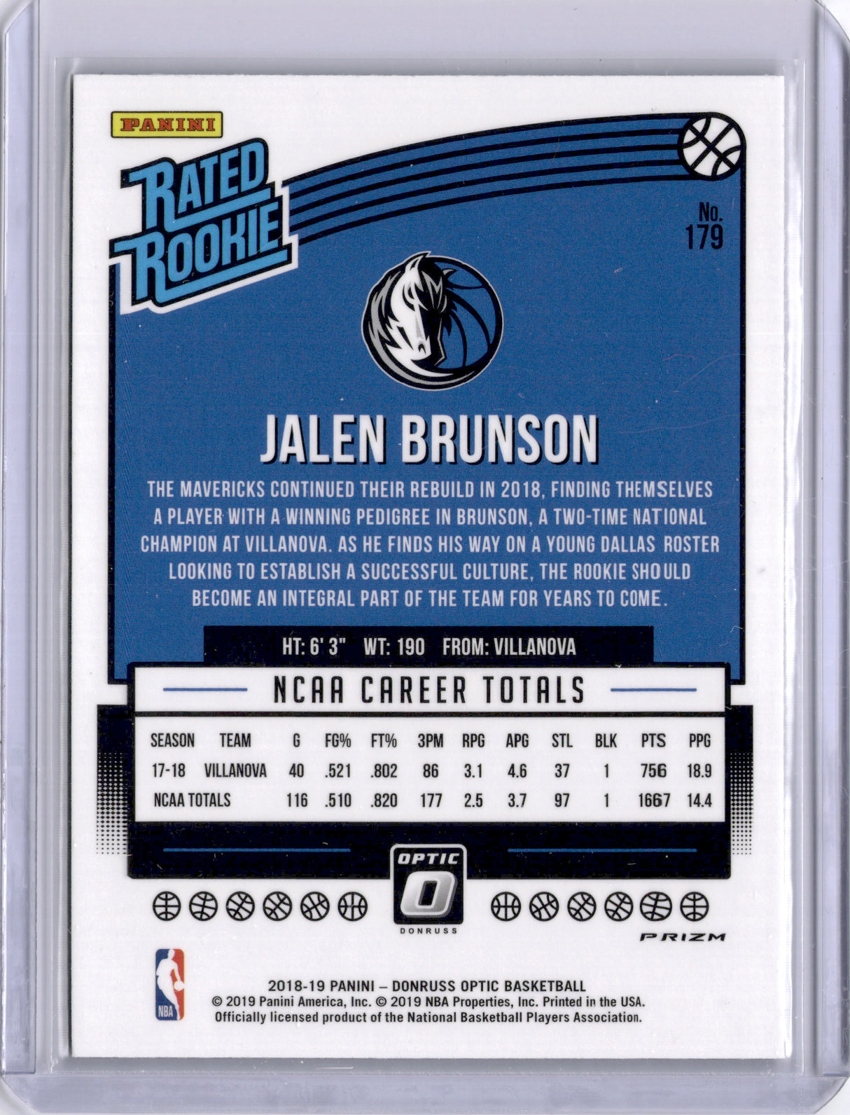 Jalen Brunson 2019 Panini Donruss Optic Purple Rookie RC Knicks