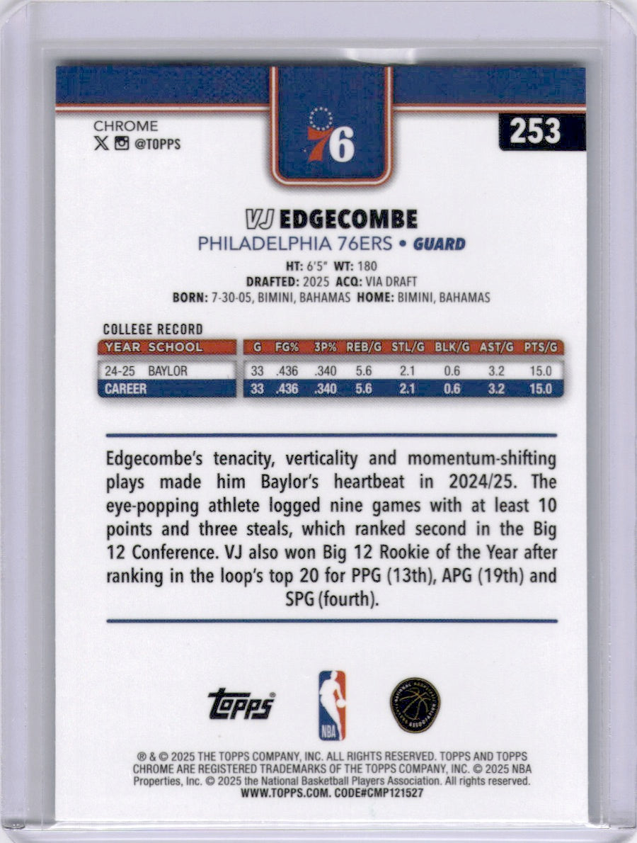 VJ Edgecombe 2025-26 Topps Chrome Rookie RC 76ers
