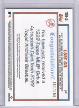Luis Gil 2022 Topps Archives Blue /150 On Card Auto Yankees