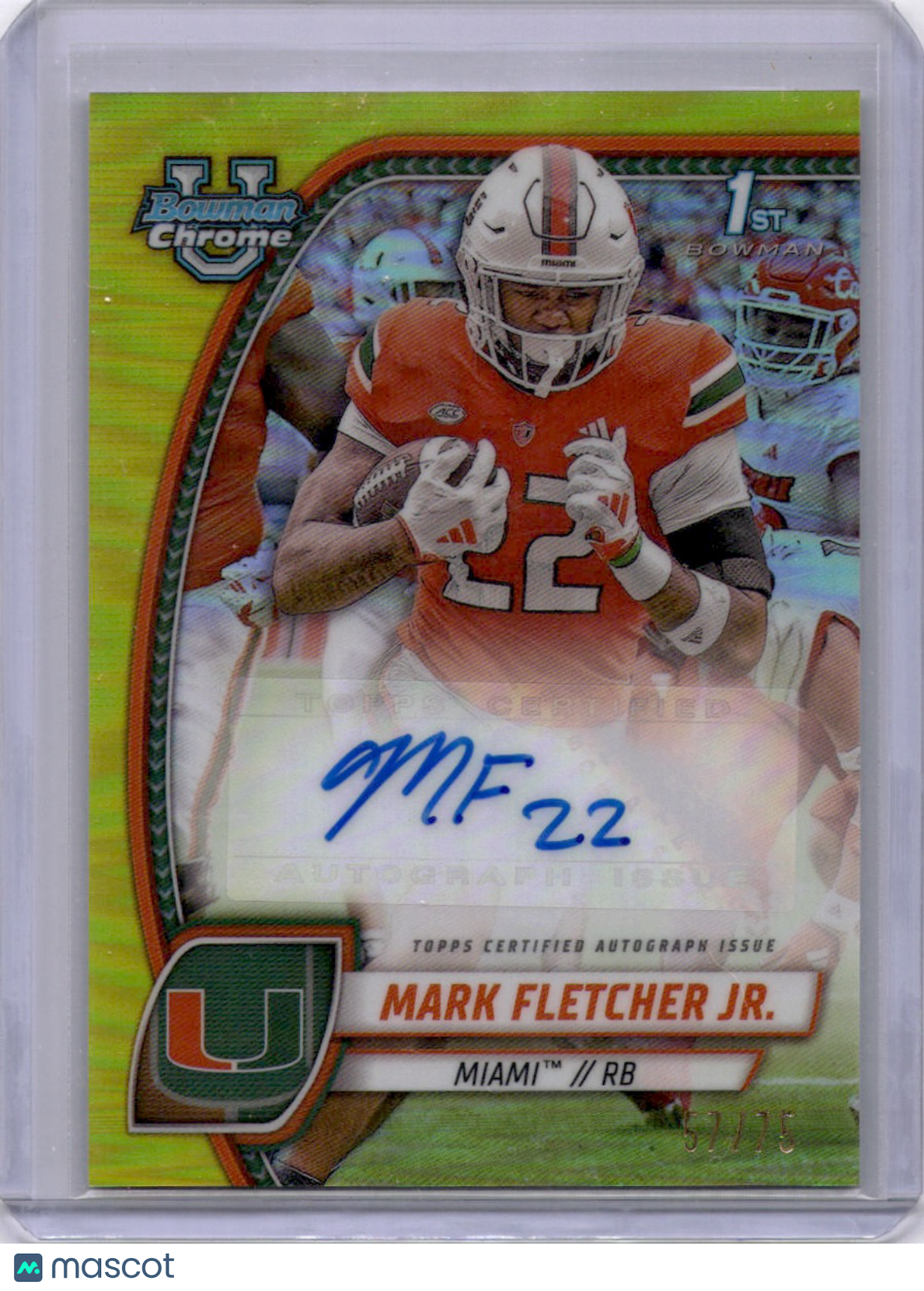 Mark Fletcher Jr. 2024 Bowman Chrome U Yellow Refractor /75 Auto Hurricanes
