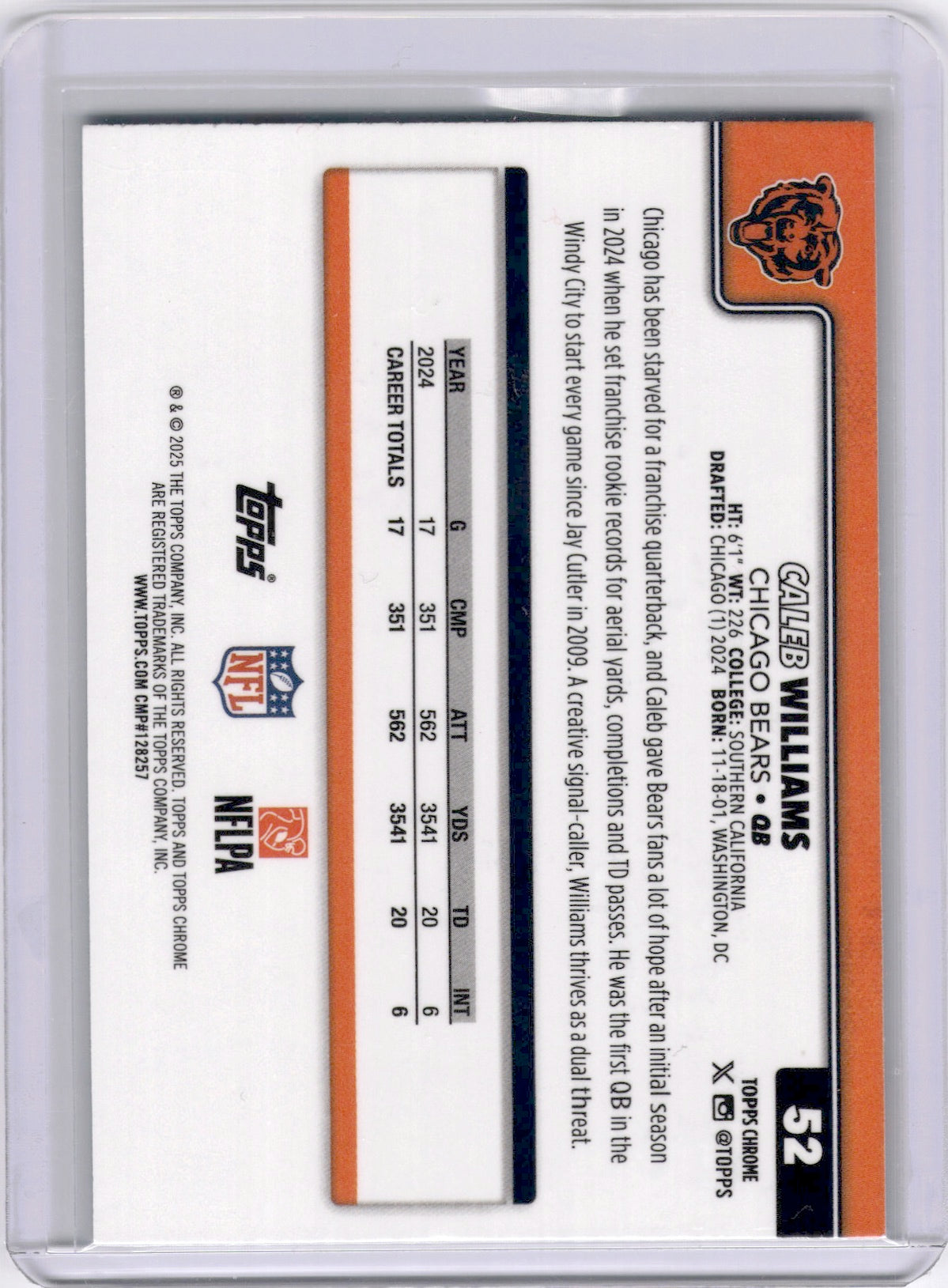 Caleb Williams 2025 Topps Chrome Teal /299 Bears