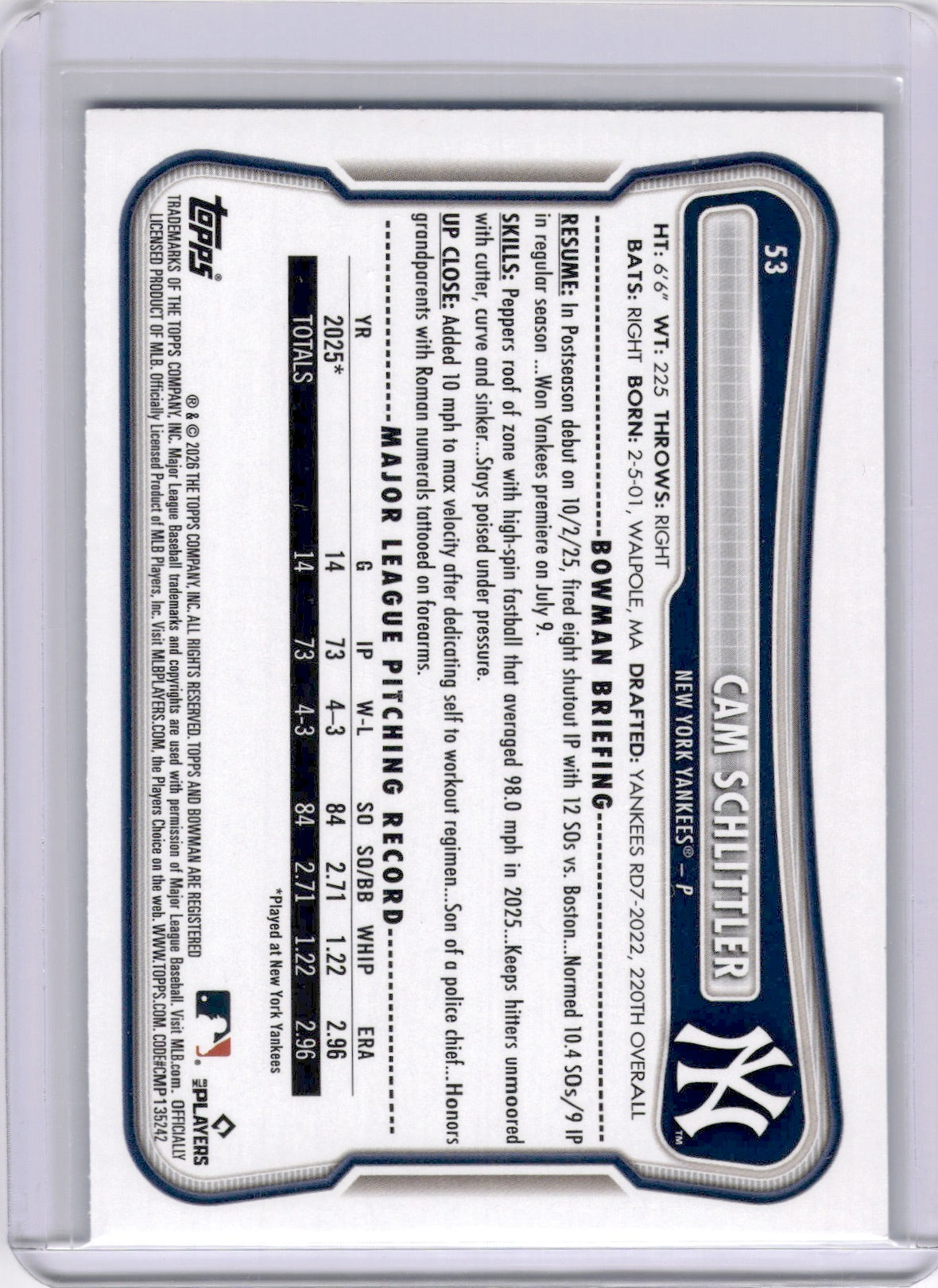 Cam Schlittler 2026 Bowman Sky Blue Rookie RC /499 Yankees
