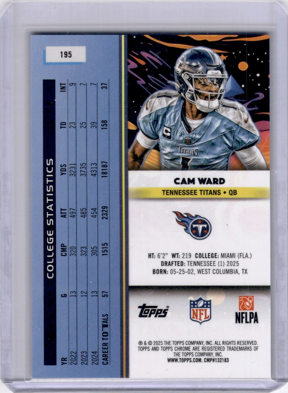 Cam Ward 2025 Topps Chrome Purple Nebula Rookie RC /150 Titans