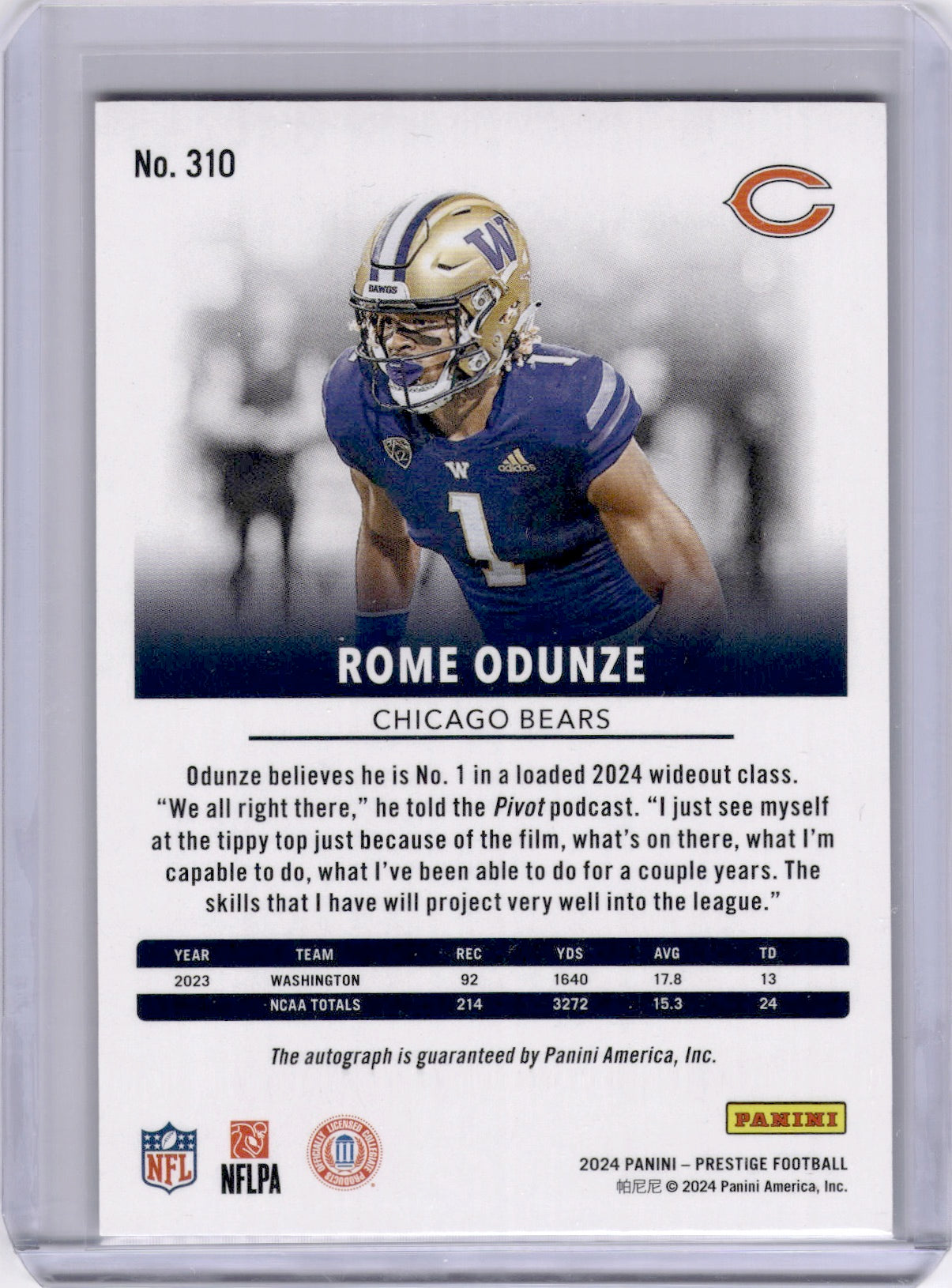 Rome Odunze 2024 Panini Prestige Xtra Points Pink Rookie RC /25 Auto Bears