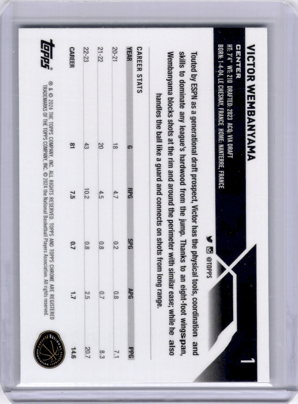 Victor Wembanyama 2023-24 Topps Chrome Rookie RC Spurs