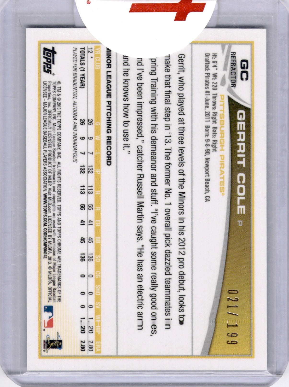 Gerrit Cole 2013 Topps Chrome Blue Refractor Auto /199 Rookie RC Topps Sealed