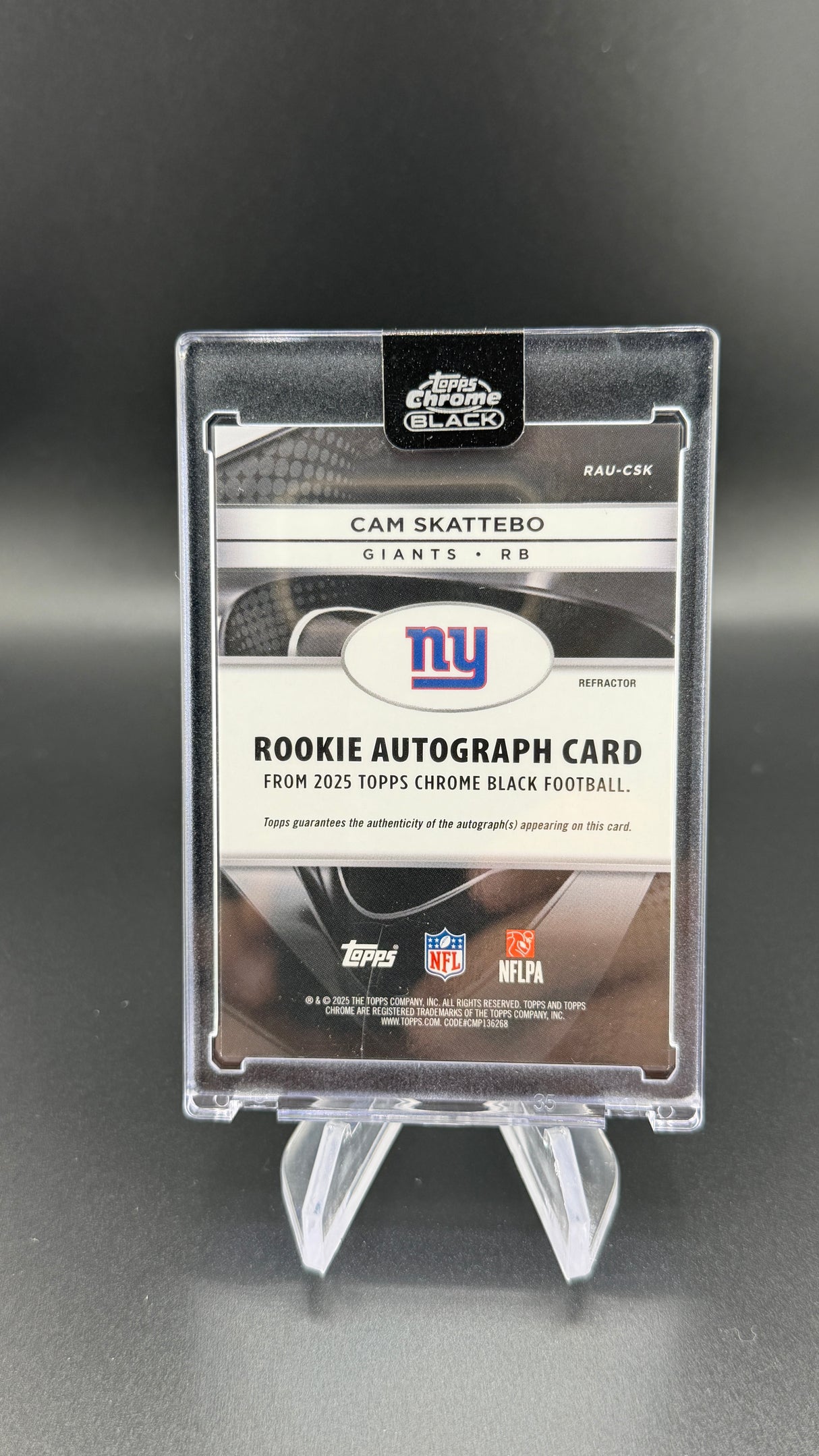 Cam Skattebo 2025 Topps Chrome Black Refractor /299 Rookie RC Auto Giants