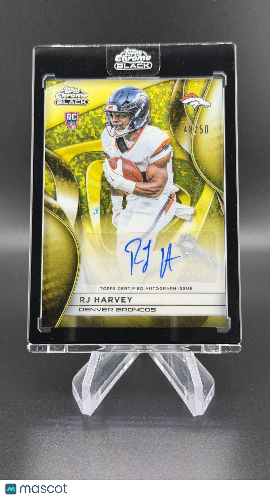RJ Harvey 2025 Topps Chrome Black Gold Mini Diamonds Auto /50 RC Rookie Broncos