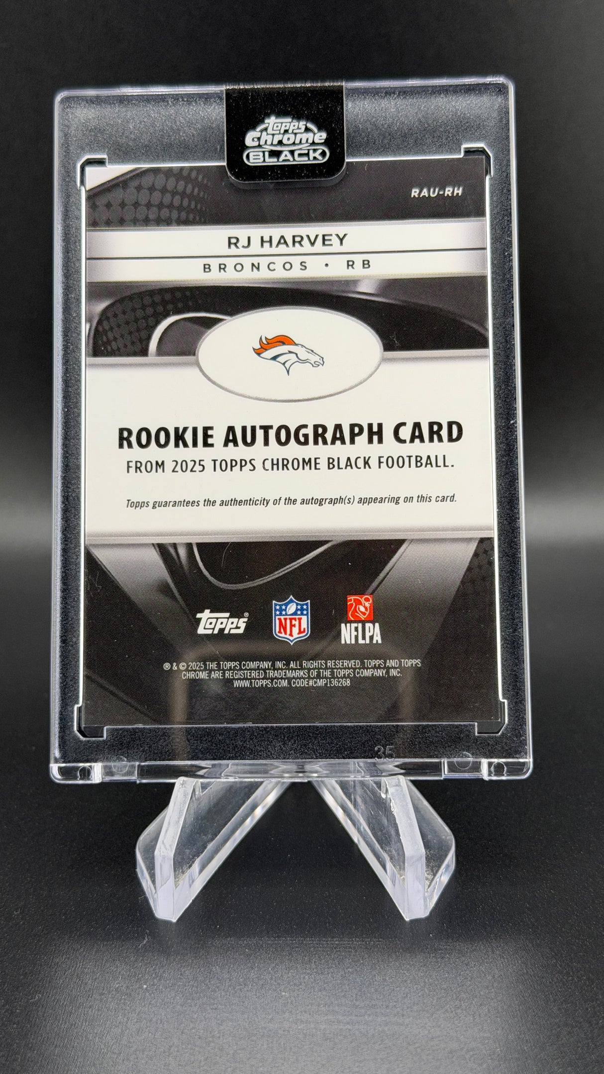 RJ Harvey 2025 Topps Chrome Black Gold Mini Diamonds Auto /50 RC Rookie Broncos
