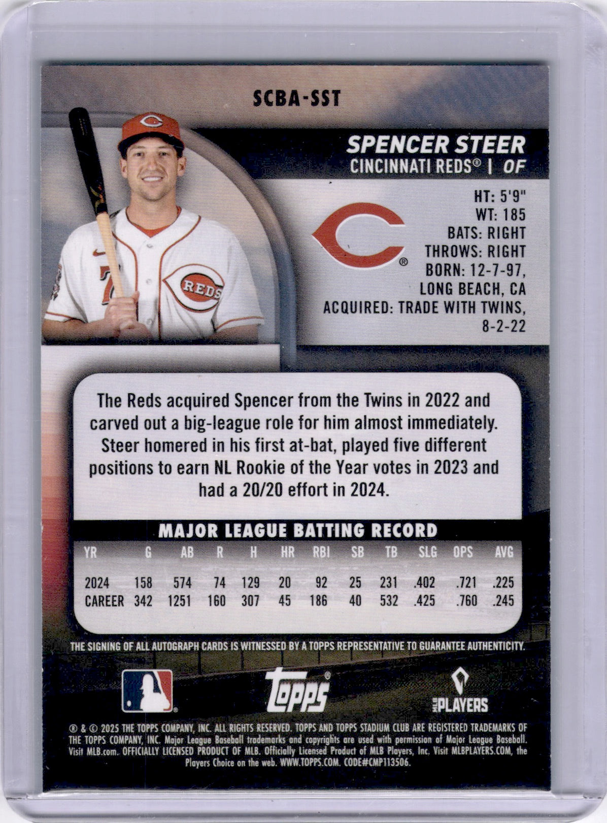 Spencer Steer 2025 Topps Stadium Club Green /5 Auto Reds