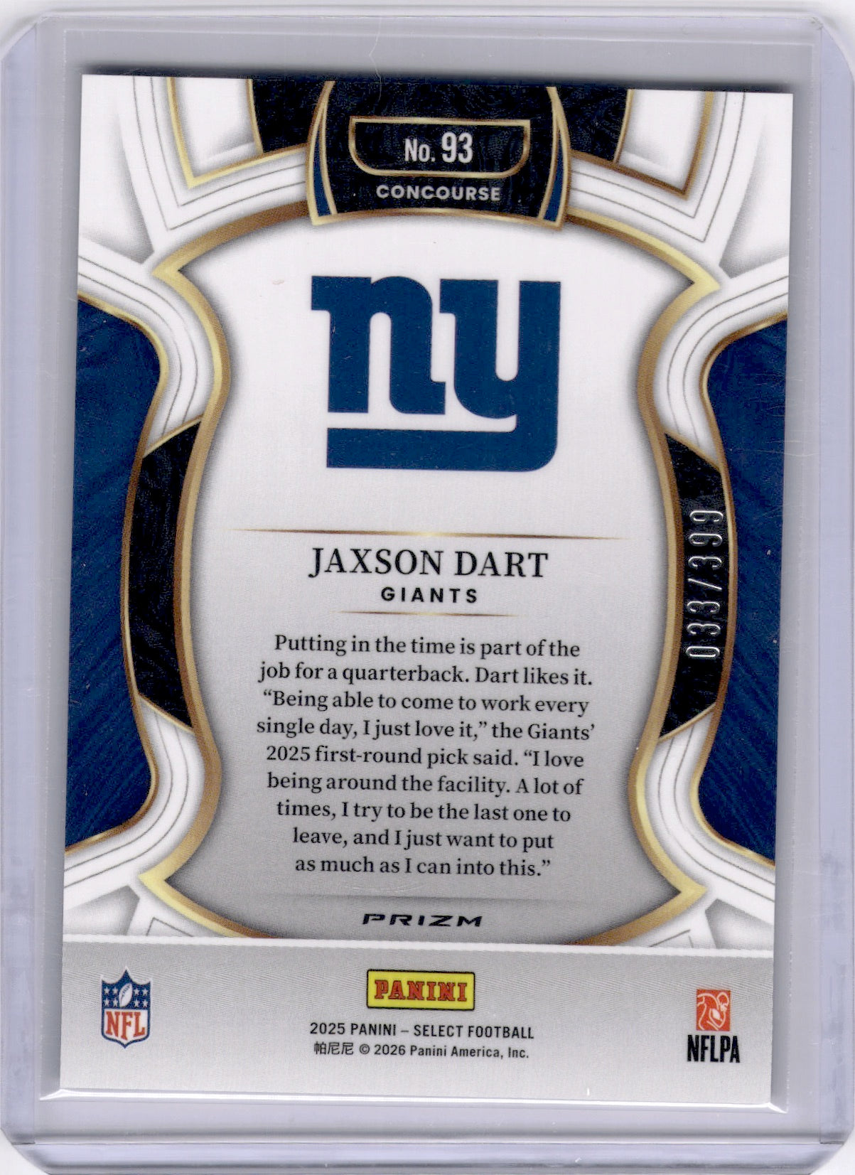 Jaxson Dart 2025 Panini Select Tri-color Red White Blue /399 Rookie RC Giants
