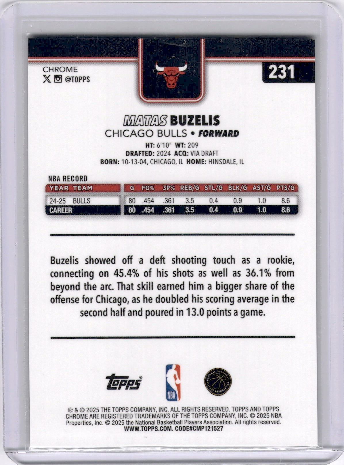Matas Buzelis 2025-26 Topps Chrome Black Basketball Refractor /10 Bulls