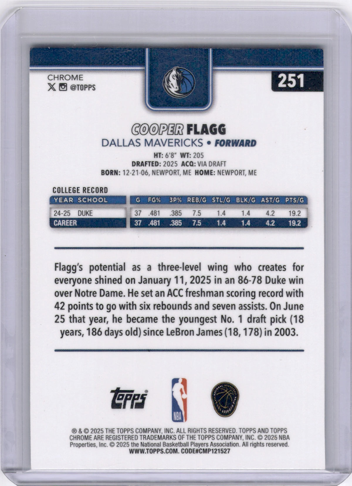 Cooper Flagg 2025-26 Topps Chrome X-Fractor Rookie RC ROY