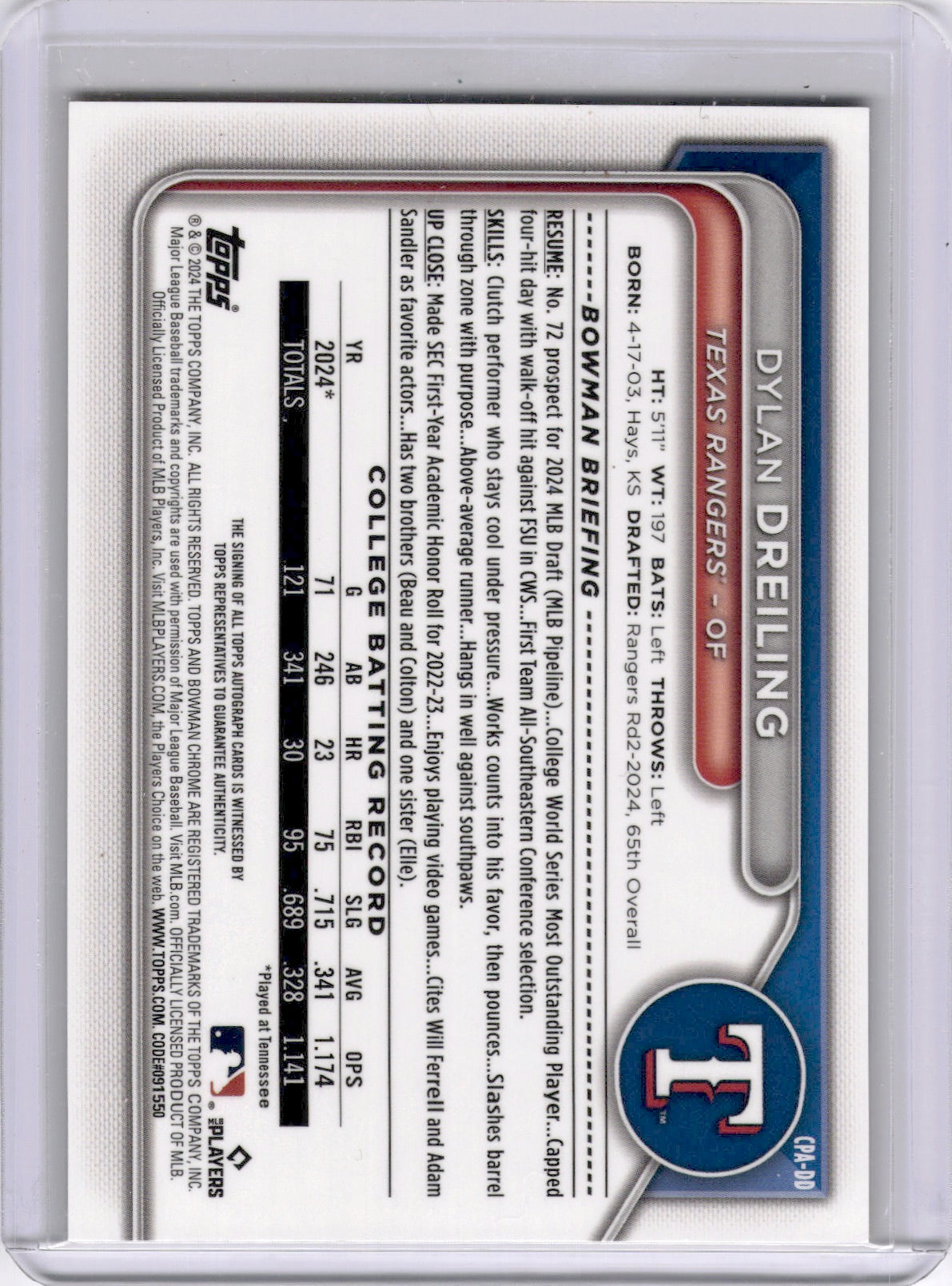 Dylan Dreiling 2022 Bowman Chrome Gold /50 On Card Auto Rangers