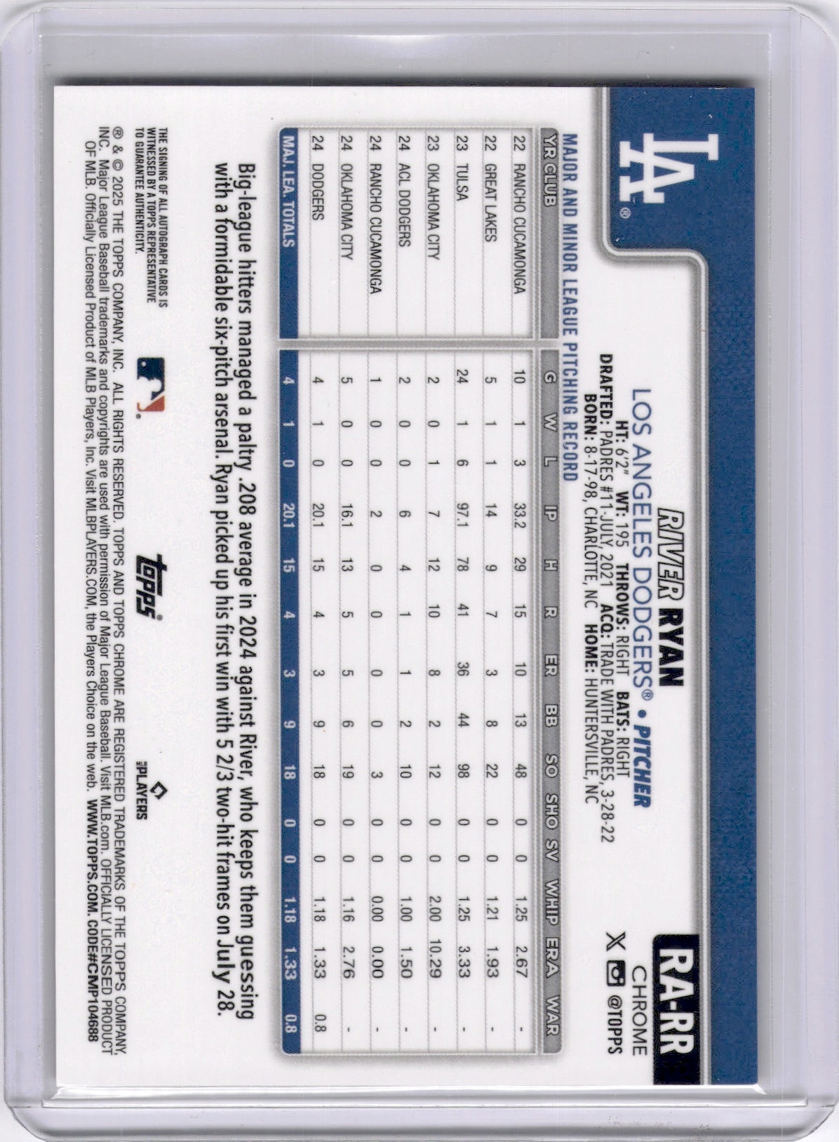 River Ryan 2025 Topps Chrome Orange Lava Rookie RC Auto /85