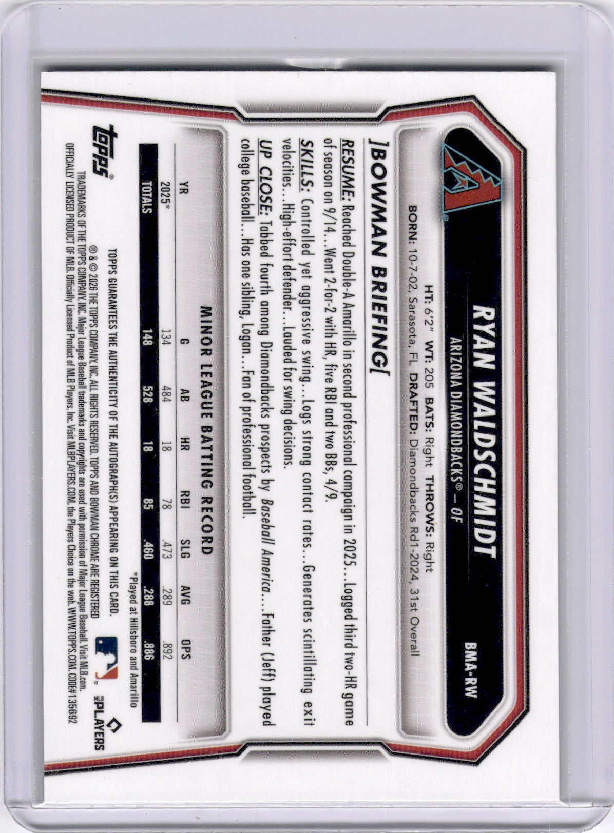 Ryan Waldschmidt 2025 Bowman Chrome Black Mojo 1/10 On Card Auto Diamondbacks