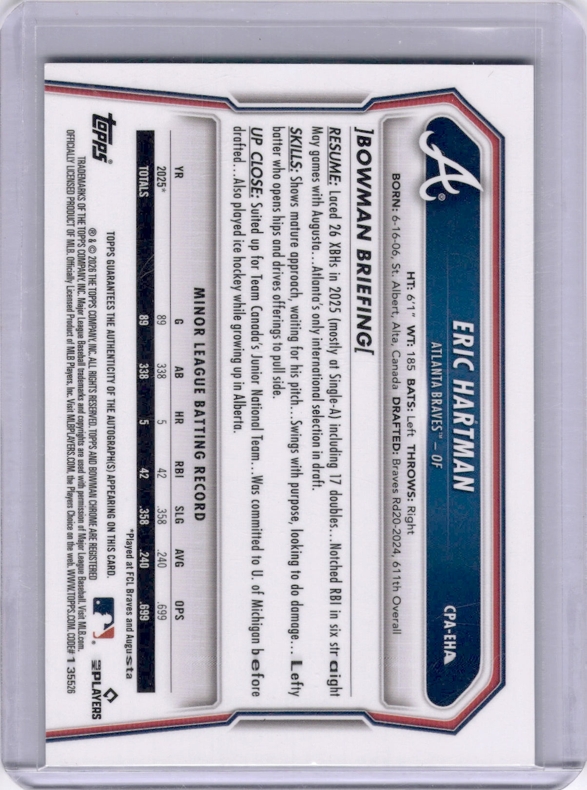 Eric Hartman 2026 Bowman Chrome 1st Reptilian Green Refractor /99 Auto Braves