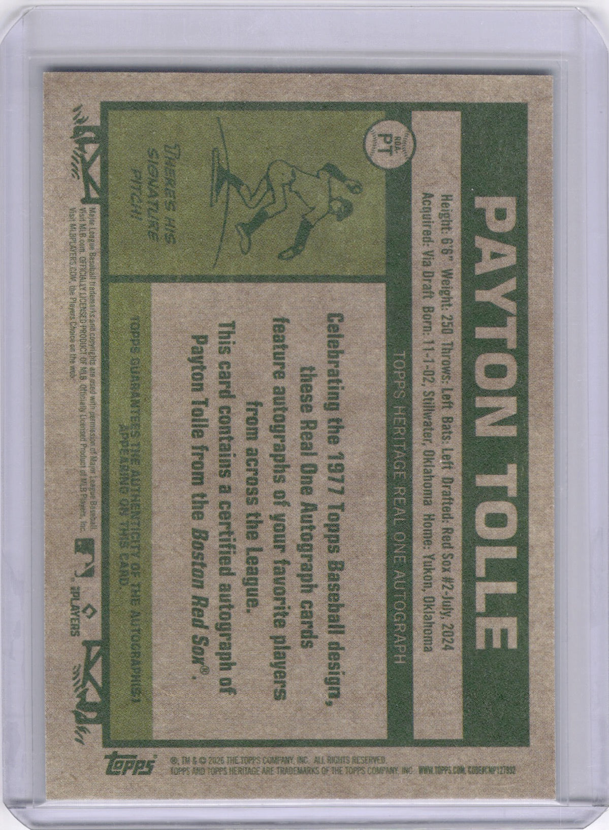 Payton Tolle 2026 Topps Heritage Real One Autographs Auto Rookie RC Red Sox