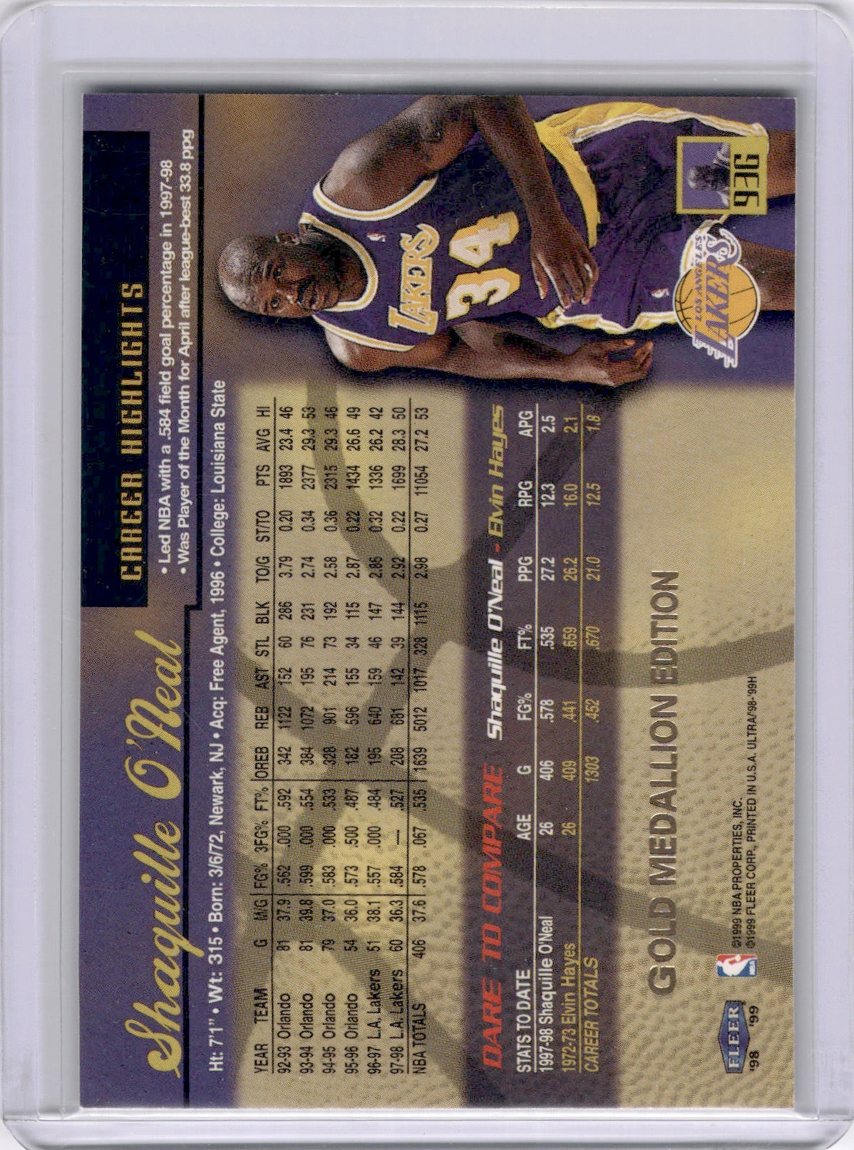 Shaquille O'Neal 1998-99 Fleer Ultra Gold Medallion Edition Lakers HOF
