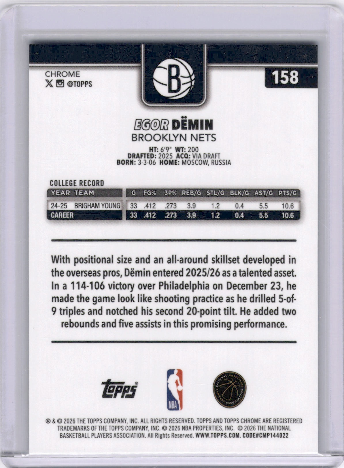 Egor Demin 2025-26 Topps Chrome Blue Basketball Refractor Rookie RC /150 Nets